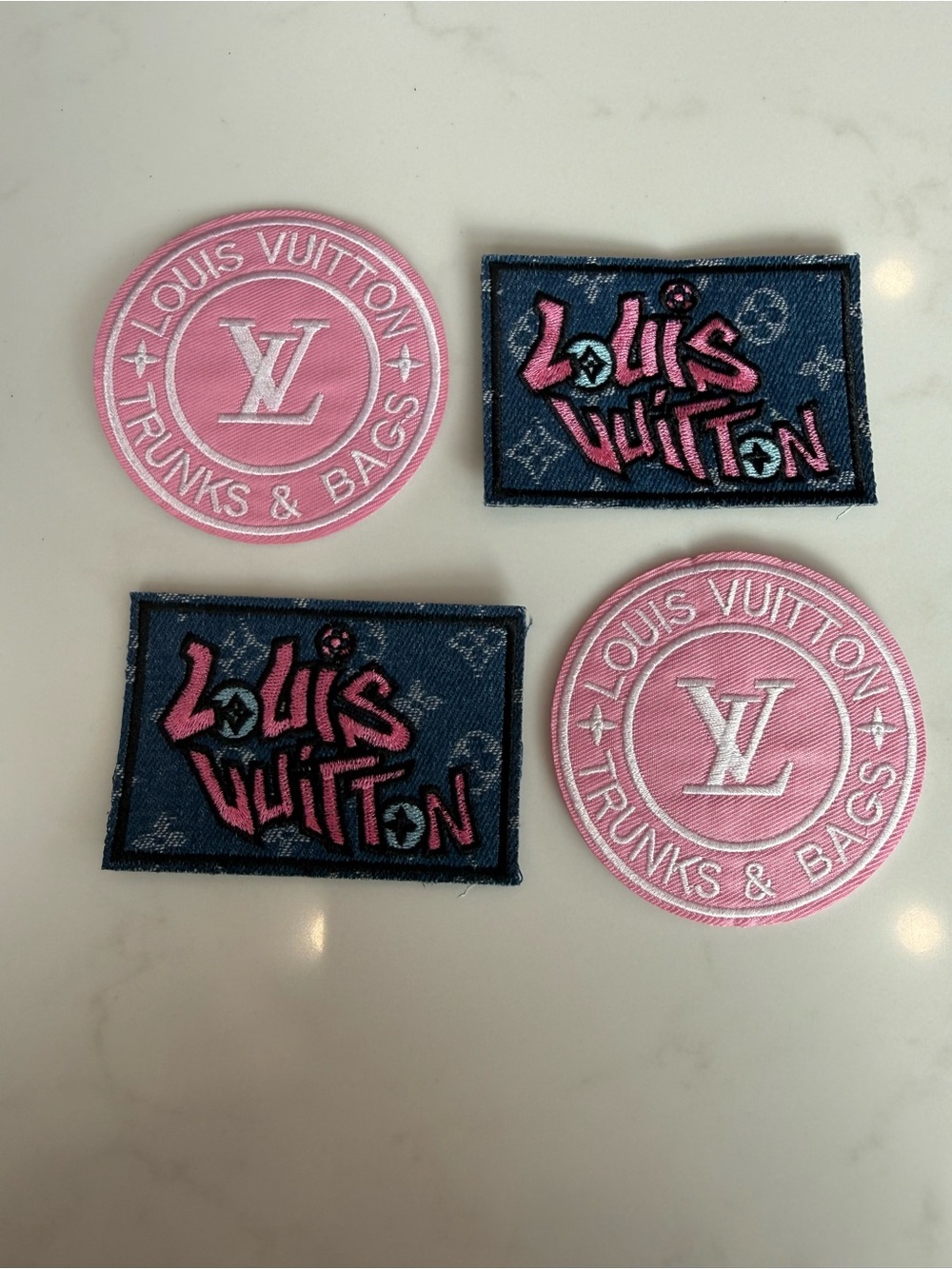 Adorable Hand Crafted Pink & Blue Embroidered Logo Denim Patches